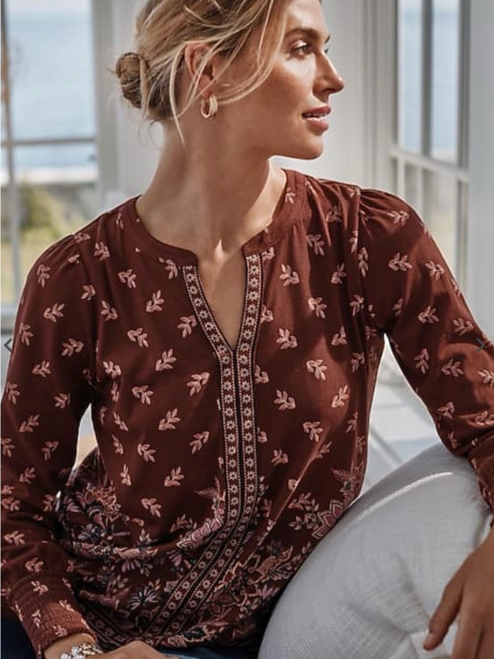 J.Jill Smocked-Sleeve Top Women's Floral Print Split-Neck Top Size M